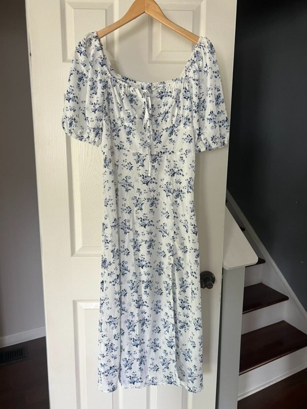 Blencot Womens Midi Dress Size Medium White Navy Floral Square Neck